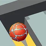 Bola roja con grietas azules en un laberinto 3D gris con una estrella dorada