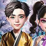 Pareja de personajes animados con cabello oscuro y grandes ojos, uno con kimono dorado y otro con uniforme escolar blanco, posando frente a un fondo de flores de cerezo