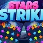 Título en colores llamativos Stars Strike sobre un fondo de galaxia y estrellas multicolores