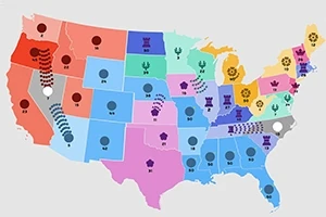 Mapa de Estados Unidos con los estados coloreados de diferentes colores y símbolos sobrepuestos en cada estado
