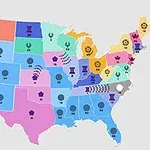 Mapa de Estados Unidos con los estados coloreados de diferentes colores y símbolos sobrepuestos en cada estado