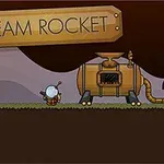 Un cohete de vapor amarillo detrás de un personaje pequeño con casco en un paisaje oscuro y un letrero que dice STEAM ROCKET