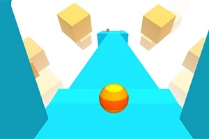 Esfera naranja y amarilla sobre una plataforma azul con cubos flotantes alrededor