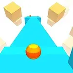 Esfera naranja y amarilla sobre una plataforma azul con cubos flotantes alrededor