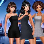 Cuatro mujeres animadas con vestidos ajustados posando en un entorno futurista