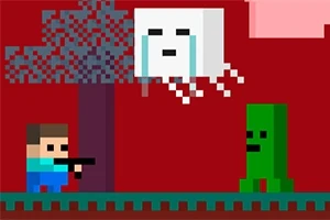 Personaje pixelado con una pistola enfrenta a un fantasma flotante y una criatura verde en un entorno retro