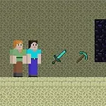 Dos personajes de estilo pixelado parados frente a un portal grande de color púrpura, con una espada y un pico flotando entre ellos