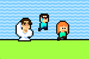Personajes pixelados en un paisaje con fondo azul y verde, uno vestido de blanco y dos con ropa azul, uno de ellos en el aire