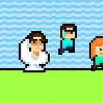 Personajes pixelados en un paisaje con fondo azul y verde, uno vestido de blanco y dos con ropa azul, uno de ellos en el aire