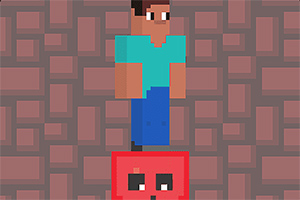 Personaje de píxeles con camiseta azul y pantalones azules parado sobre un bloque rojo con ojos, en un fondo de bloques marrones