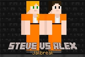 Dos personajes pixelados con trajes naranjas de prisioneros sobre un fondo negro con texto que dice Steve vs Alex Jailbreak