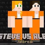 Dos personajes pixelados con trajes naranjas de prisioneros sobre un fondo negro con texto que dice Steve vs Alex Jailbreak