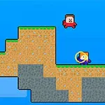 Dos personajes con gráficos pixelados sobre plataformas de tierra y césped en un entorno con cielo azul