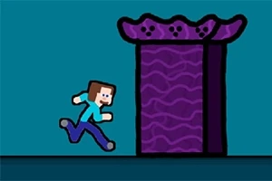 Personaje de estilo pixel corriendo hacia un portal púrpura