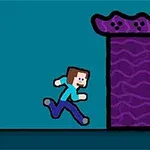 Personaje de estilo pixel corriendo hacia un portal púrpura