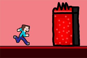 Personaje de estilo pixel art corriendo hacia una estructura roja con puntos y fuego en la parte superior, sobre un fondo rosa
