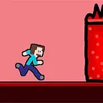 Personaje de estilo pixel art corriendo hacia una estructura roja con puntos y fuego en la parte superior, sobre un fondo rosa