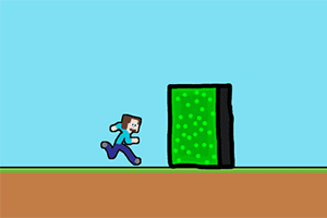 Un personaje de dibujos animados corriendo hacia un portal verde con puntos brillantes, sobre un suelo marrón y un cielo azul claro