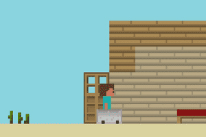Personaje pixelado junto a una puerta de madera, frente a una construcción de bloques y un cielo azul claro