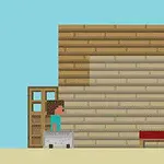 Personaje pixelado junto a una puerta de madera, frente a una construcción de bloques y un cielo azul claro