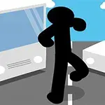 Figura de palo negra cruzando una carretera entre dos vehículos en un día soleado