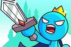 Personaje animado azul con corona y capa, sosteniendo una espada brillante, con un castillo en el fondo