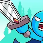 Personaje animado azul con corona y capa, sosteniendo una espada brillante, con un castillo en el fondo