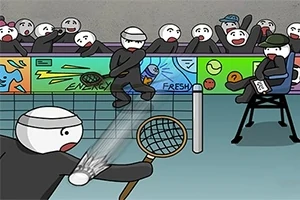 Jugadores de tenis animados, con expresiones exageradas, juegan un partido mientras el público y un árbitro observan desde el fondo