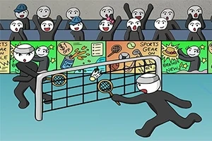 Dos personajes animados juegan con raquetas y un volante en una cancha, observados por un grupo de espectadores animados