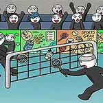 Dos personajes animados juegan con raquetas y un volante en una cancha, observados por un grupo de espectadores animados