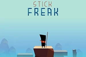 Un personaje de dibujos animados parado sobre una plataforma en un paisaje montañoso, sosteniendo un palo largo, con el título Stick Freak en la parte superior