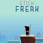 Un personaje de dibujos animados parado sobre una plataforma en un paisaje montañoso, sosteniendo un palo largo, con el título Stick Freak en la parte superior