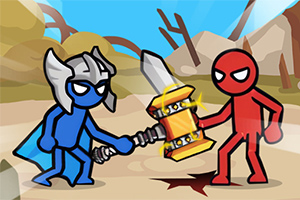 Dos figuras dibujadas, una azul con casco y capa, y otra roja, luchan en un paisaje desértico mientras una de ellas sostiene un gran martillo
