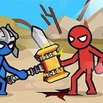 Dos figuras dibujadas, una azul con casco y capa, y otra roja, luchan en un paisaje desértico mientras una de ellas sostiene un gran martillo