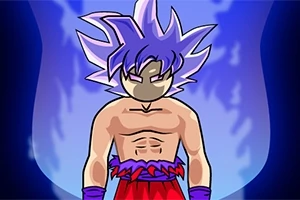 Personaje animado de cabello morado con aura azul y fondo oscuro, vestido con pantalones rojos y guantes morados