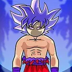 Personaje animado de cabello morado con aura azul y fondo oscuro, vestido con pantalones rojos y guantes morados