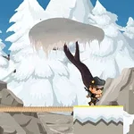 Un personaje con sombrero de vaquero y bufanda negra avanza en un paisaje nevado, rodeado de árboles cubiertos de nieve y montañas rocosas