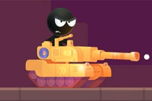 Un personaje oscuro con expresión seria conduce un tanque amarillo en un entorno de juego con fondo morado