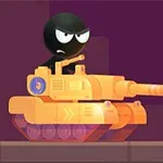 Un personaje oscuro con expresión seria conduce un tanque amarillo en un entorno de juego con fondo morado
