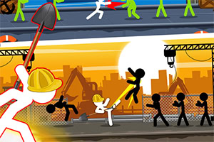 Figura de stickman con casco amarillo y pala enfrentando a otros stickmen al atardecer en una construcción