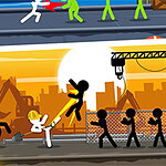 Figura de stickman con casco amarillo y pala enfrentando a otros stickmen al atardecer en una construcción