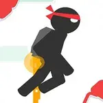 Personaje de figura de palo negro con una cinta roja en la cabeza saltando entre plataformas con fondo blanco