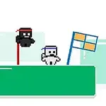 Dos personajes pixelados de estilo ninja, uno negro y otro blanco, con bandanas se enfrentan sobre una plataforma verde con banderas en el fondo