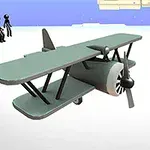 Un avión biplano de color gris rodeado de figuras humanas negras en un entorno simplificado