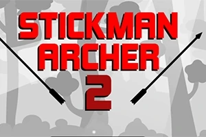 Texto en el centro con letras rojas grandes que dice Stickman Archer 2 sobre un fondo gris con siluetas de árboles y dos flechas negras apuntando hacia el texto
