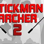 Texto en el centro con letras rojas grandes que dice Stickman Archer 2 sobre un fondo gris con siluetas de árboles y dos flechas negras apuntando hacia el texto