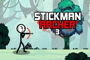 Un personaje de figura de palo apunta con un arco frente a un árbol en un entorno de bosque con el texto Stickman Archer 3