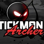 Figura de palo con máscara roja y arco, con texto Stickman Archer 4 en primer plano