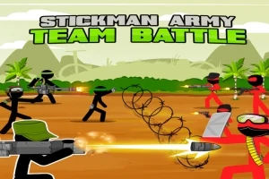 Personajes tipo stickman en lucha con armas, divididos en dos equipos, uno negro y otro rojo, en un campo de batalla con alambre de púas y fondo de jungla