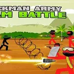 Personajes tipo stickman en lucha con armas, divididos en dos equipos, uno negro y otro rojo, en un campo de batalla con alambre de púas y fondo de jungla